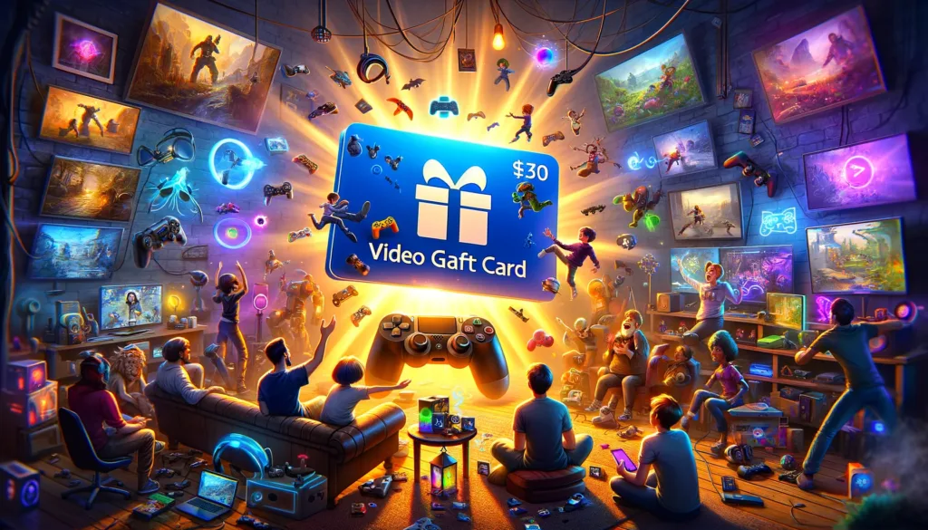 Des gamers excités de différents âges tendant les mains vers une carte-cadeau de jeu vidéo lumineuse dans une salle de jeux cosy équipée de PC de gaming, de consoles et de casques VR, symbolisant l'attrait universel et la polyvalence de la carte-cadeau.